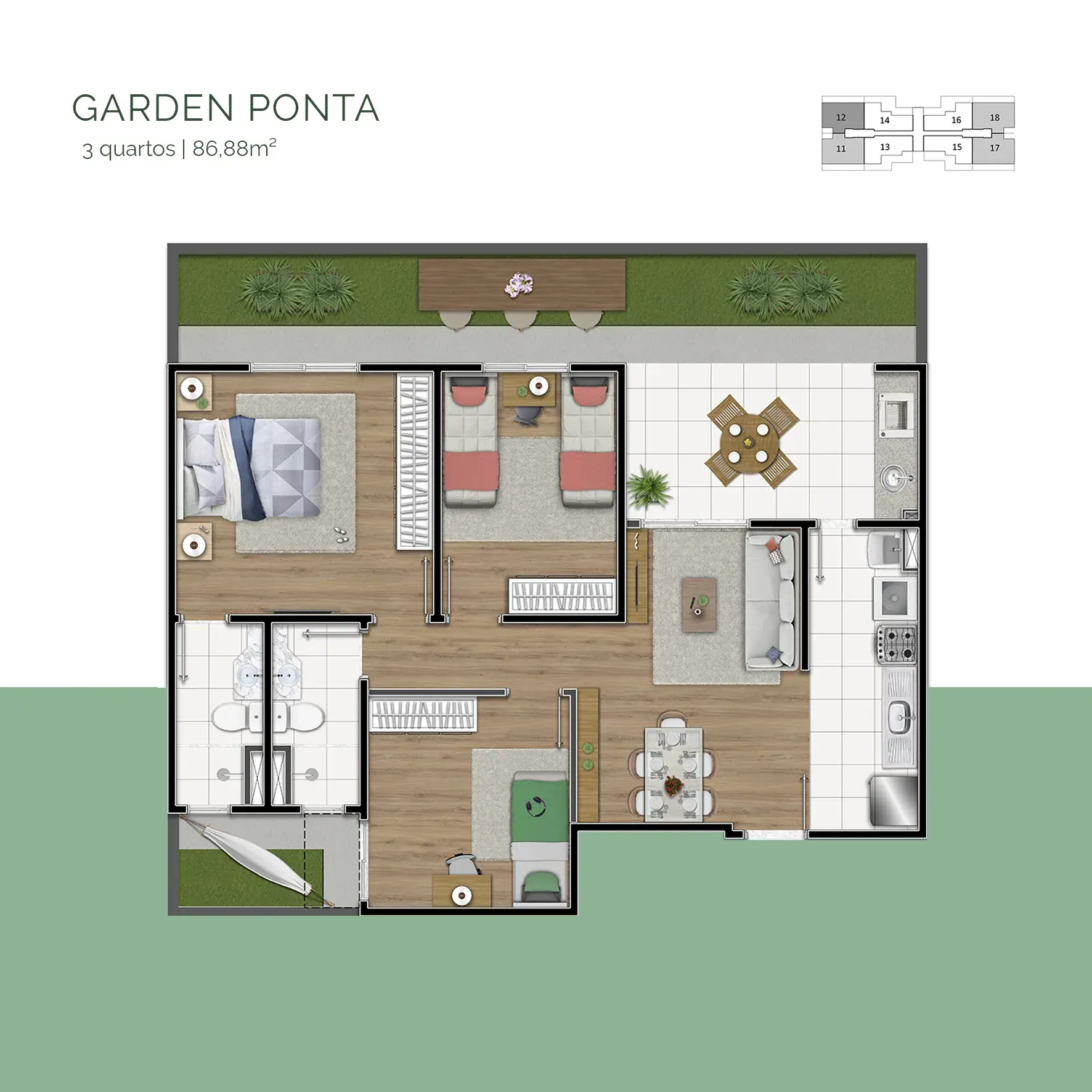 Planta Garden Ponta — 3 Quartos