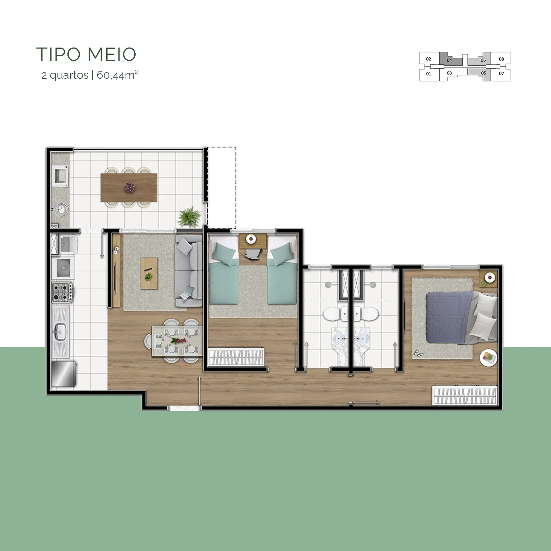 Planta 2 Quartos — Tipo Meio