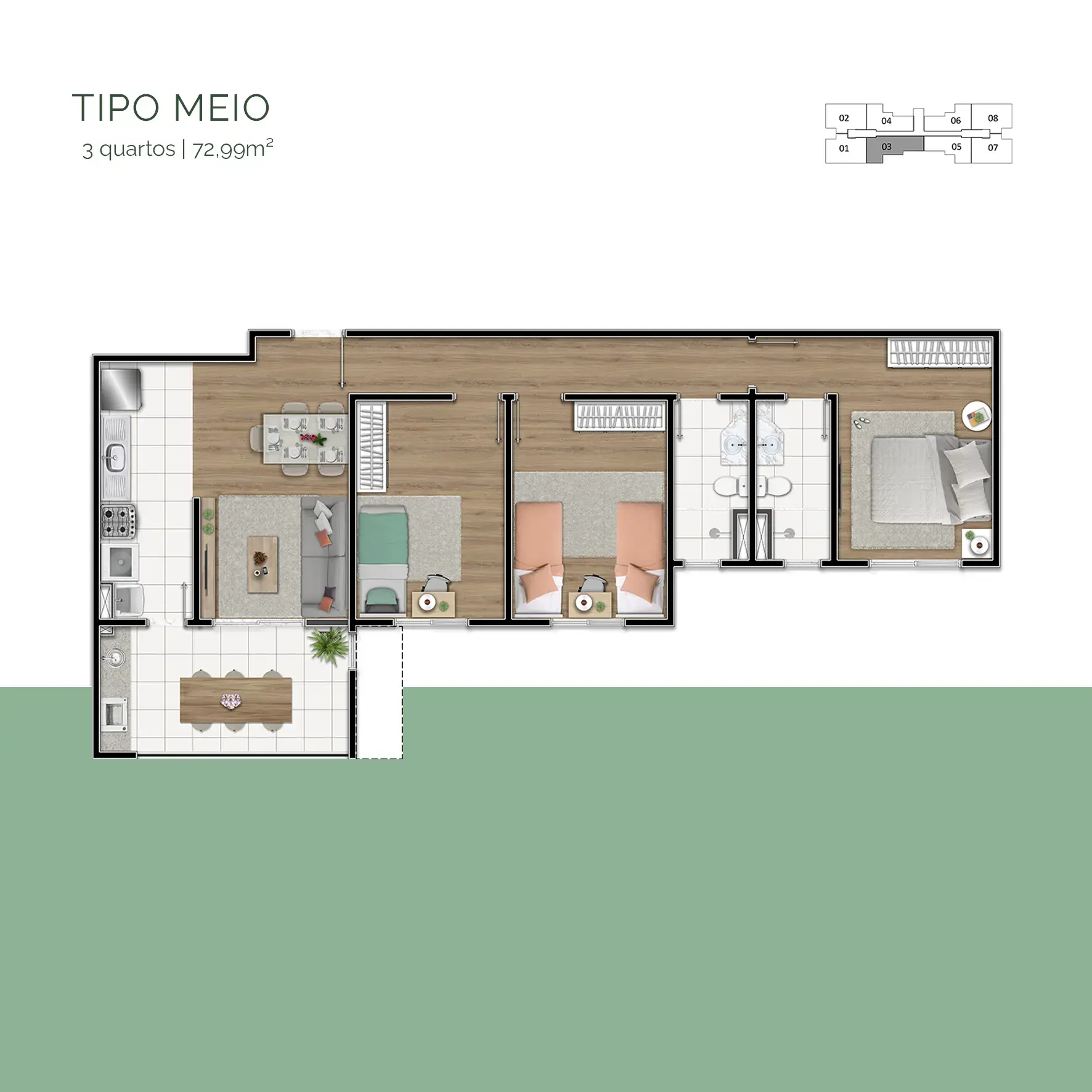 Planta 3 Quartos — Tipo Meio