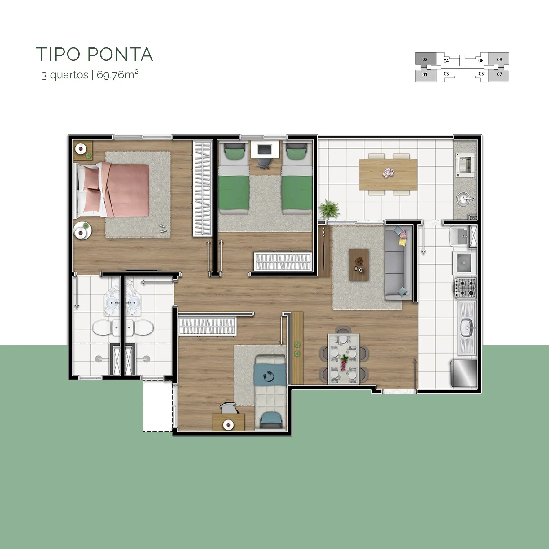 Planta 3 Quartos — Tipo Ponta