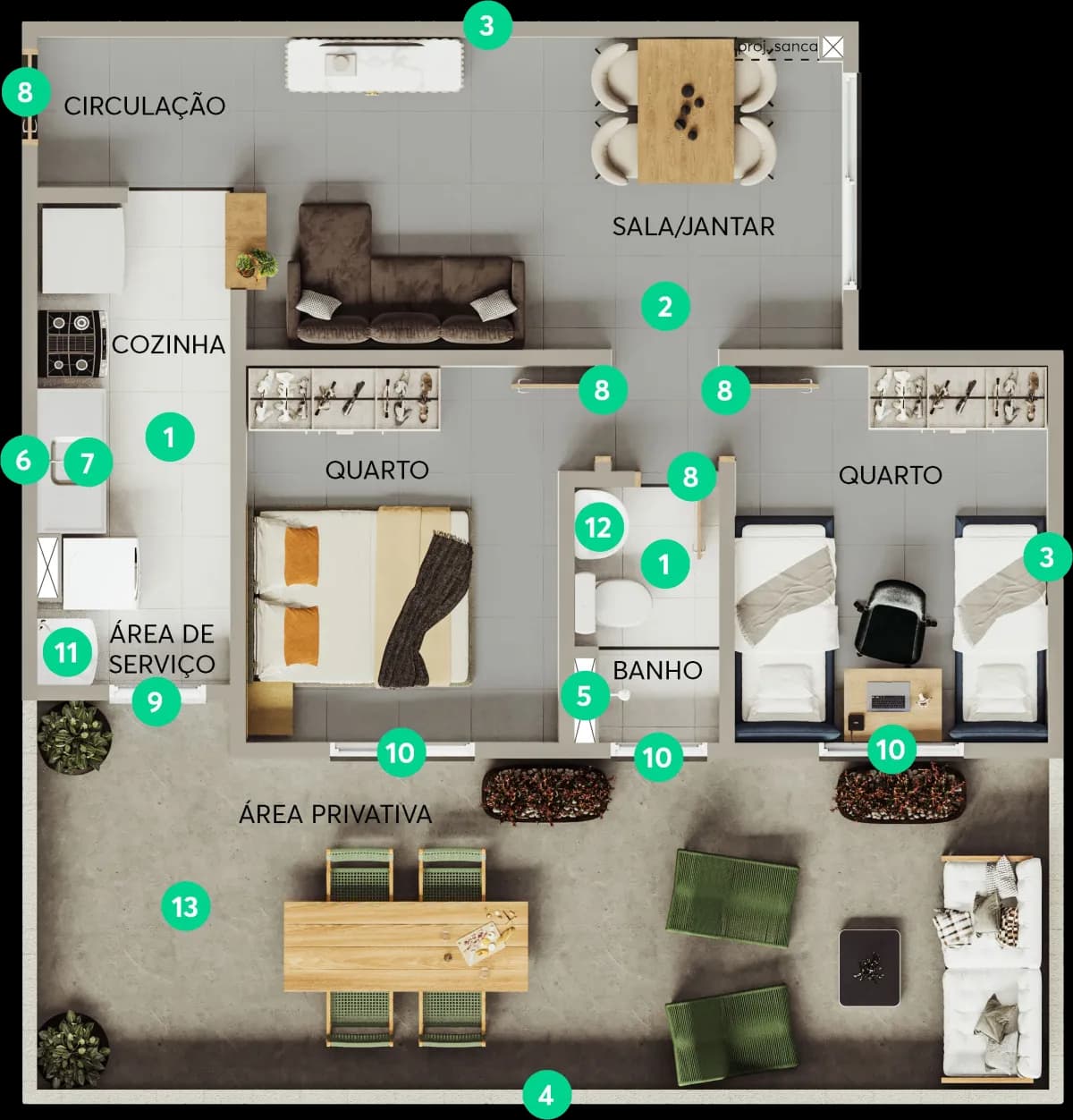 Planta 2 Quartos com Área Privativa — Final 01